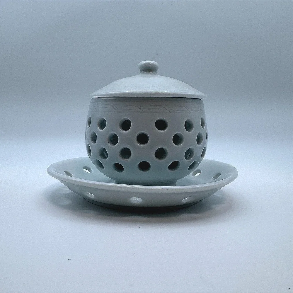 Vintage Jingdezhen Double walled Blue Celadon‎ Porcelain Lidded Bowl Saucer Set